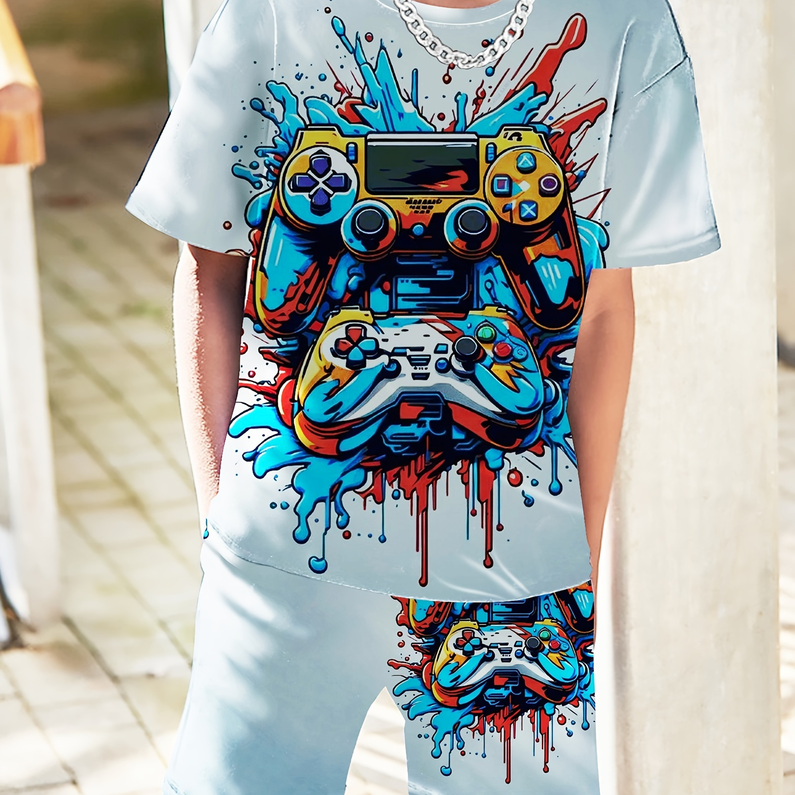 

Boy's Gamepad & Paint 3d Digital Pattern 2pcs Casual Outfit, T-shirt & Shorts Set, Boy's Clothes For Summer