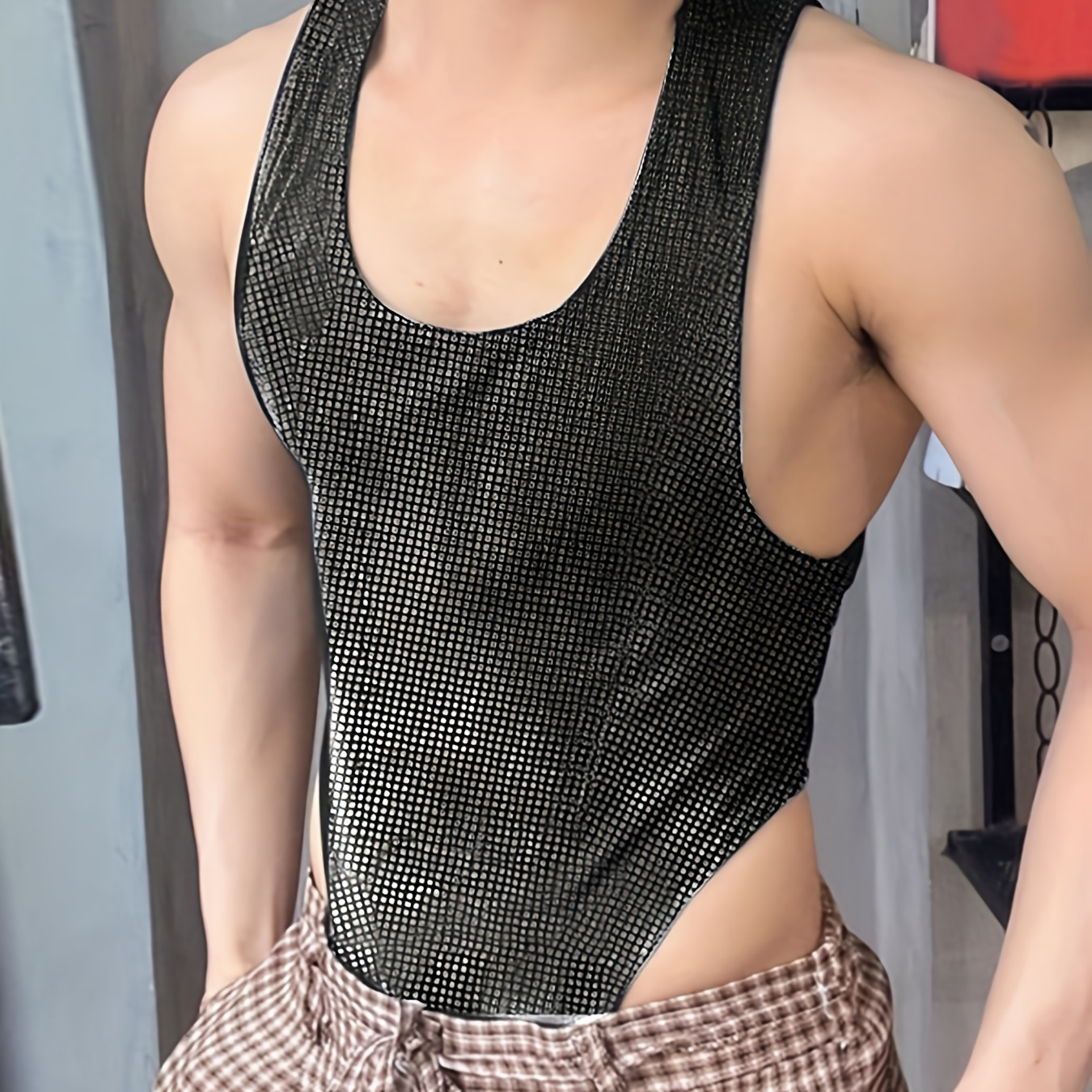 Men's Fashion Sexy Shiny Leotard Sleeveless Tank Top Jumpsuit