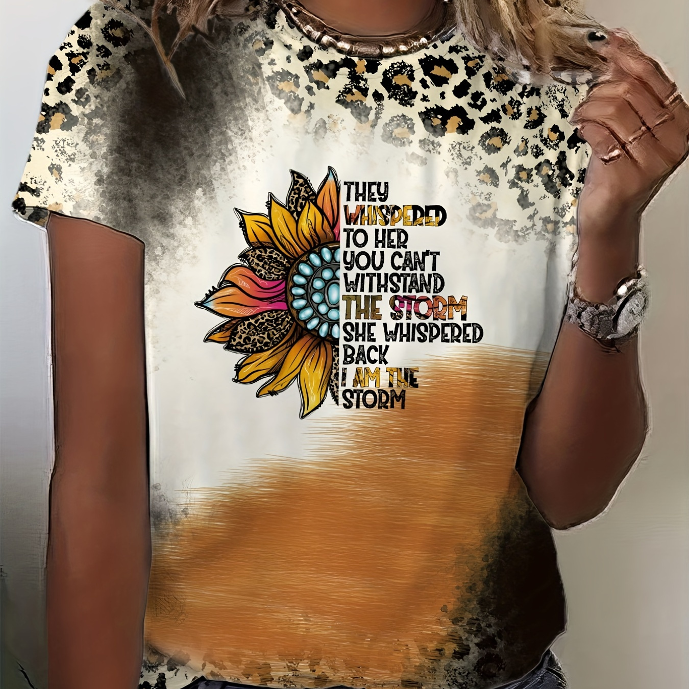 

Plus Size Casual T-shirt, Women's Plus Colorblock Sunflower Print Short Sleeve Round Neck Medium Stretch T-shirt