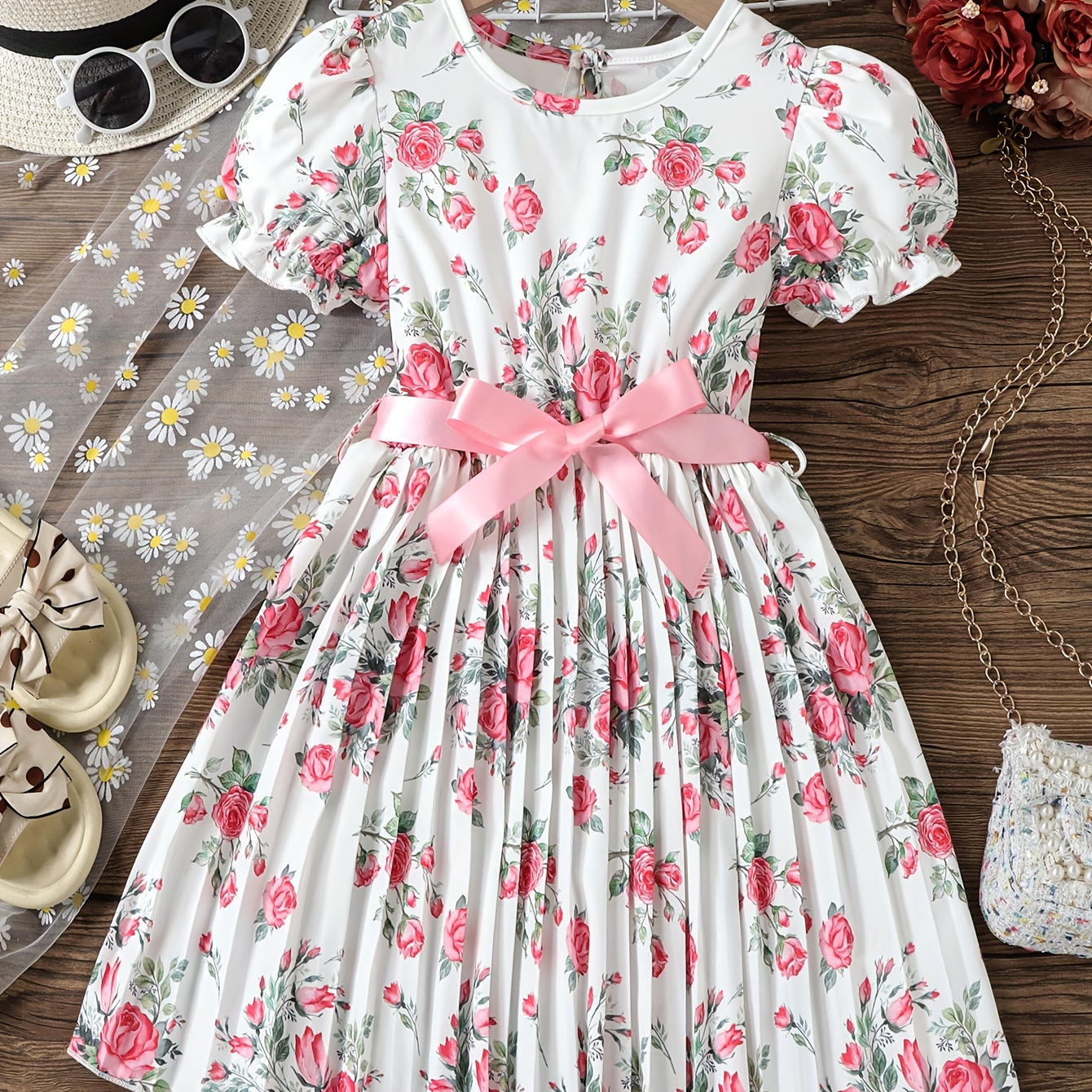 

Sweet Girls Flower Graphic Puff Short Sleeve Smocked Dress For Summer Party Gift Holiday