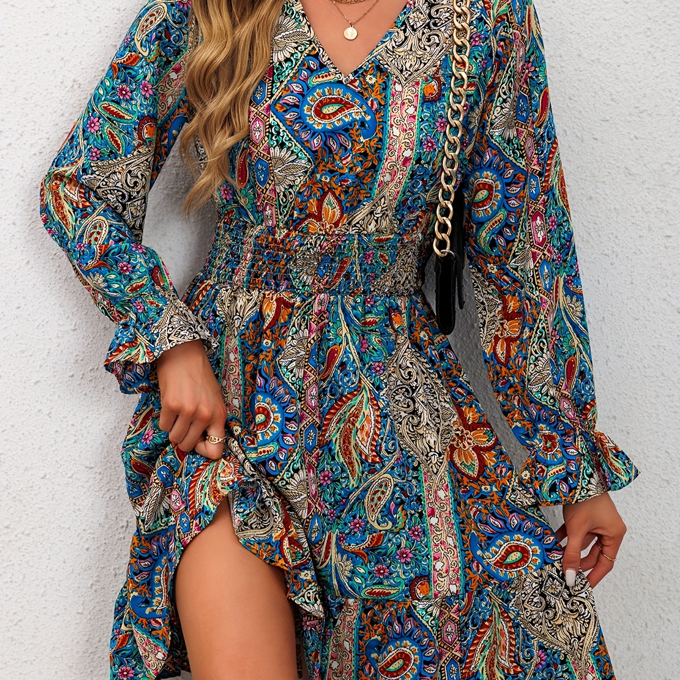 

Paisley Print Shirred Waist Dress, V Neck Long Sleeve Ruffle Hem Dress, Women's Clothing