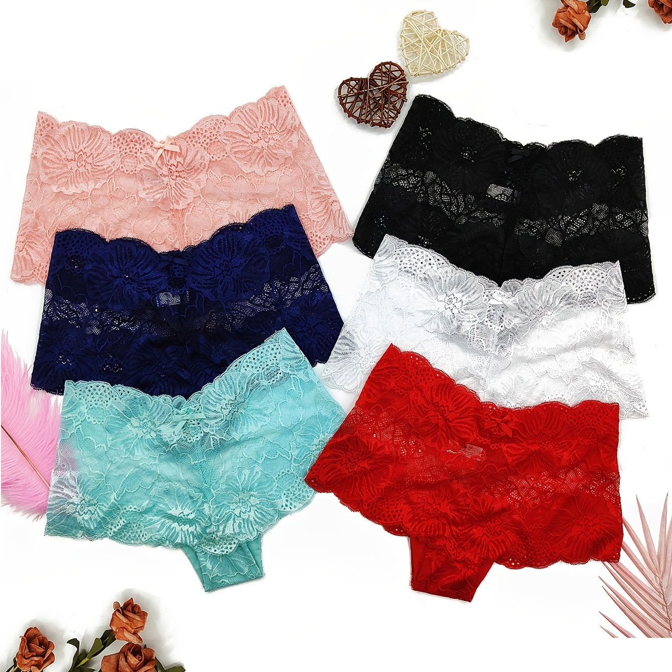 

6 Pcs Colorful Lace Thongs, Semi-sheer Floral Lace Thong Panties With Bow Tie, Women's Lingerie & Underwear