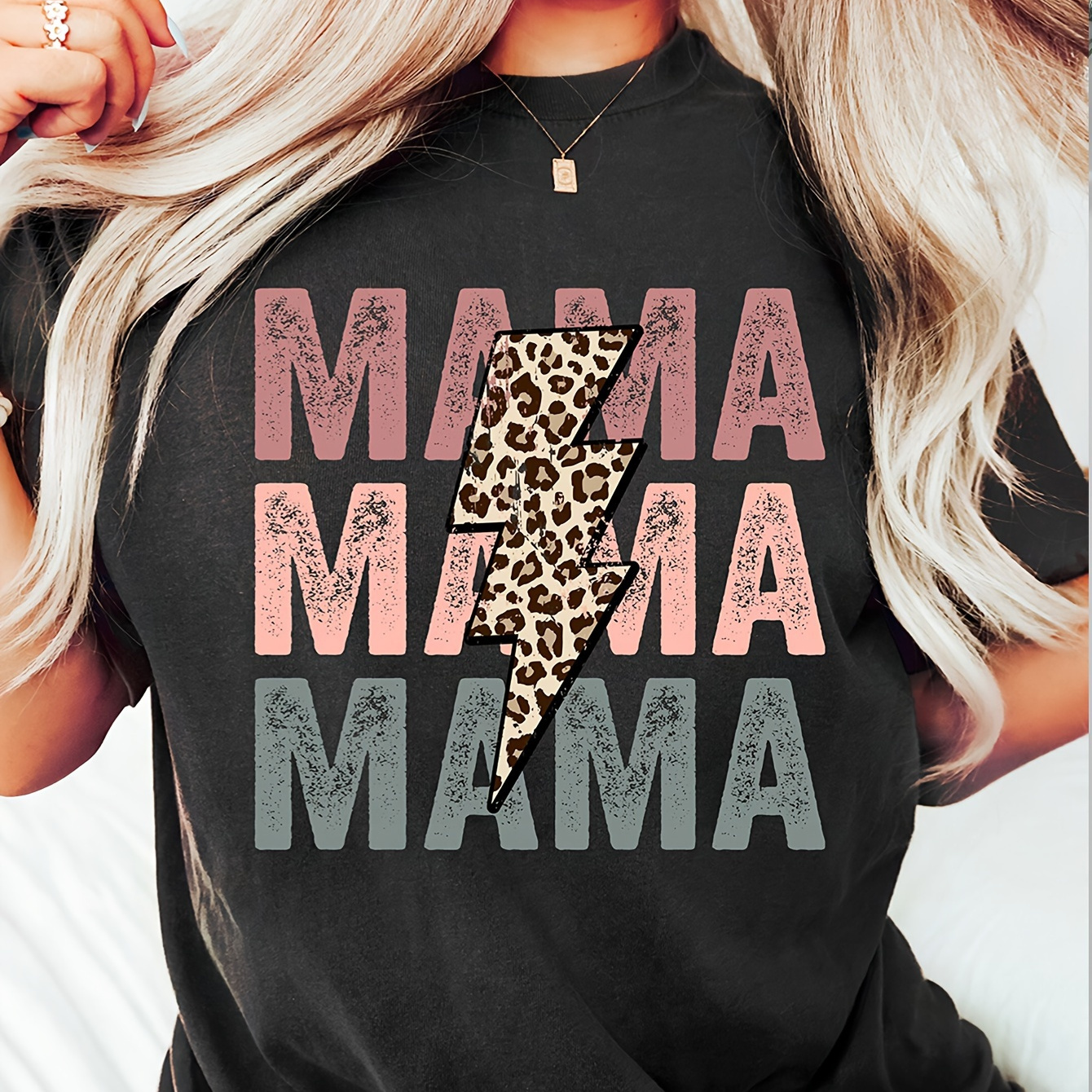 

Mama Print Crew Neck T-shirt, Casual Short Sleeve Summer Daily Top, Women's Clothing