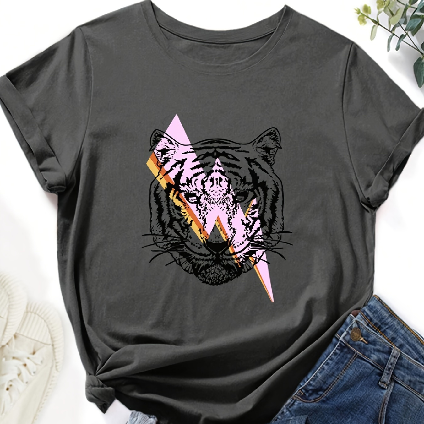 

T-shirt À Col Rond Imprimé Éclair Et Tigre, T-shirt À Manches Courtes Décontracté Pour Le Printemps Et L'été, Vêtements Pour Femmes