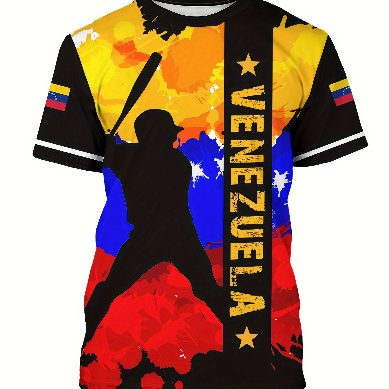 

Baseball Player Silhouette And Letter Digital Print Men's Chic Color Block Short Sleeve Crew Neck T-shirt, Summer Outdoor Sports