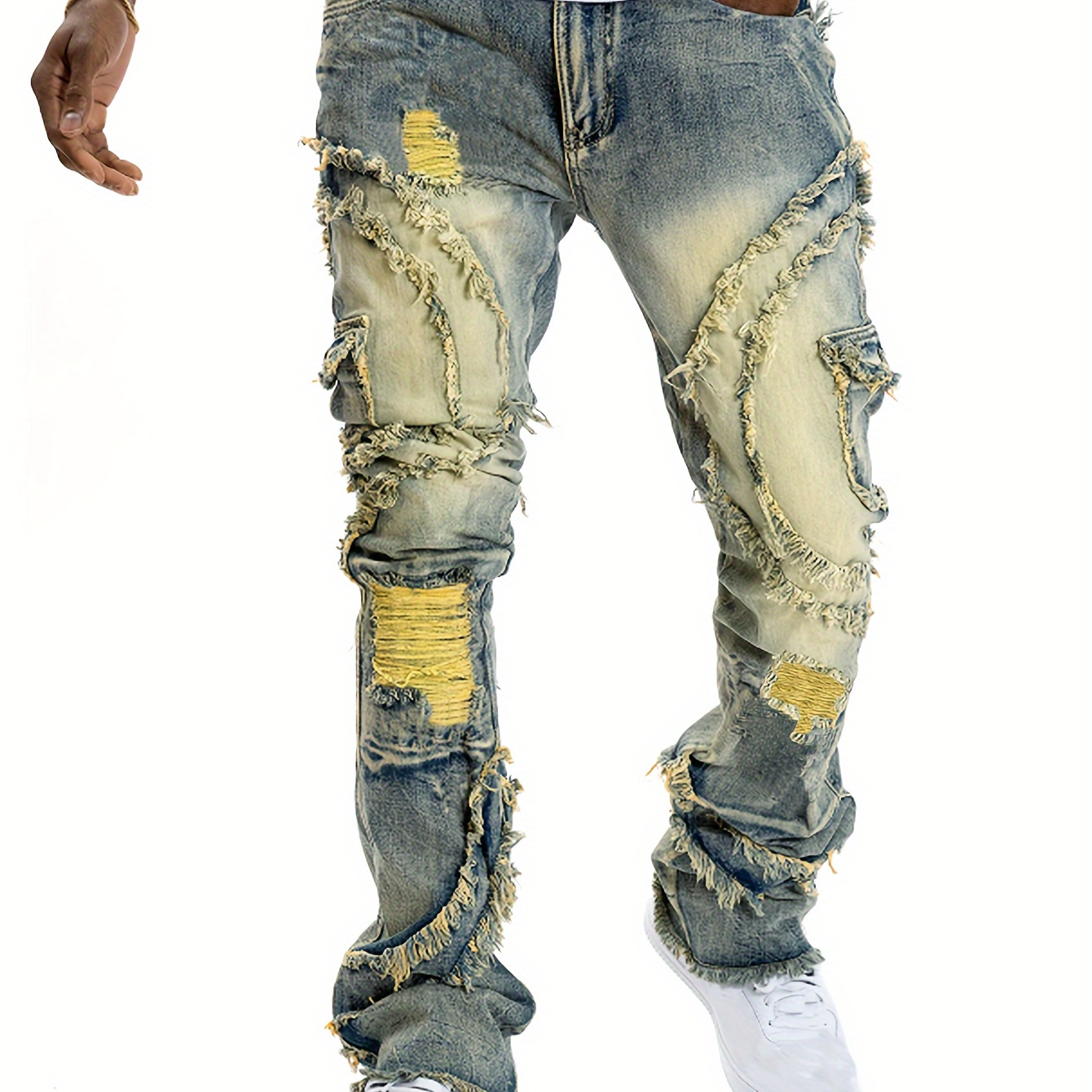 

Men's Skinny Flare Leg Stretch Jeans Cotton Distressed Denim With Washed Detail