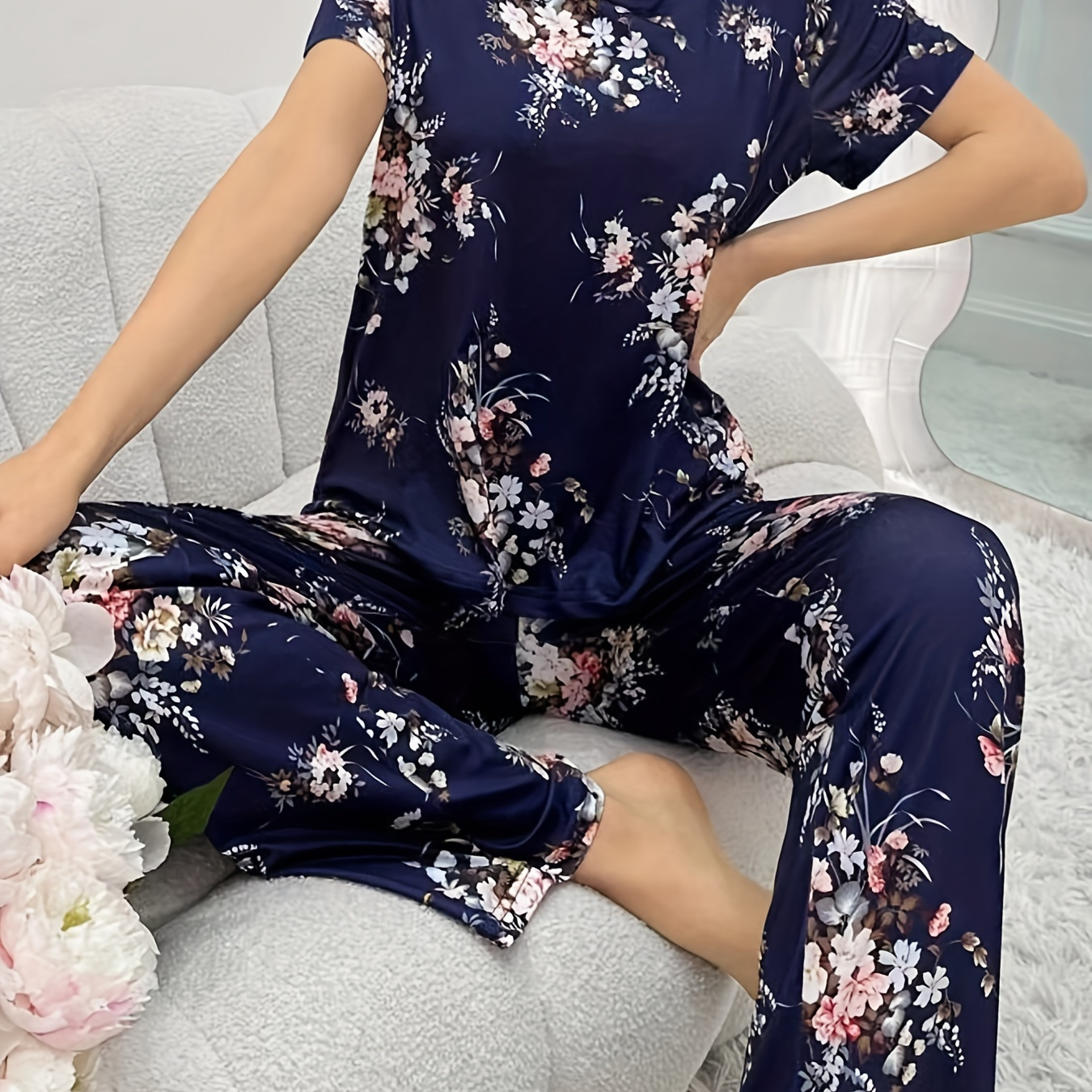 

Ensemble pyjama imprimé Floral, haut décontracté à manches courtes à col rond et pantalon élastique, vêtements de nuit pour femmes