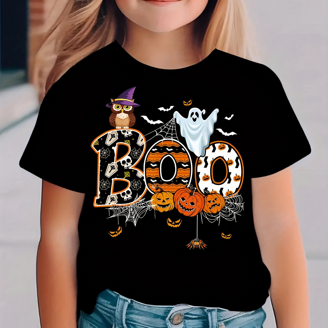 

Boo & Cartoon & Pumpkins Tee, Girls Comfy & Trendy T-shirt For , Girls Clothes For Outdoors &