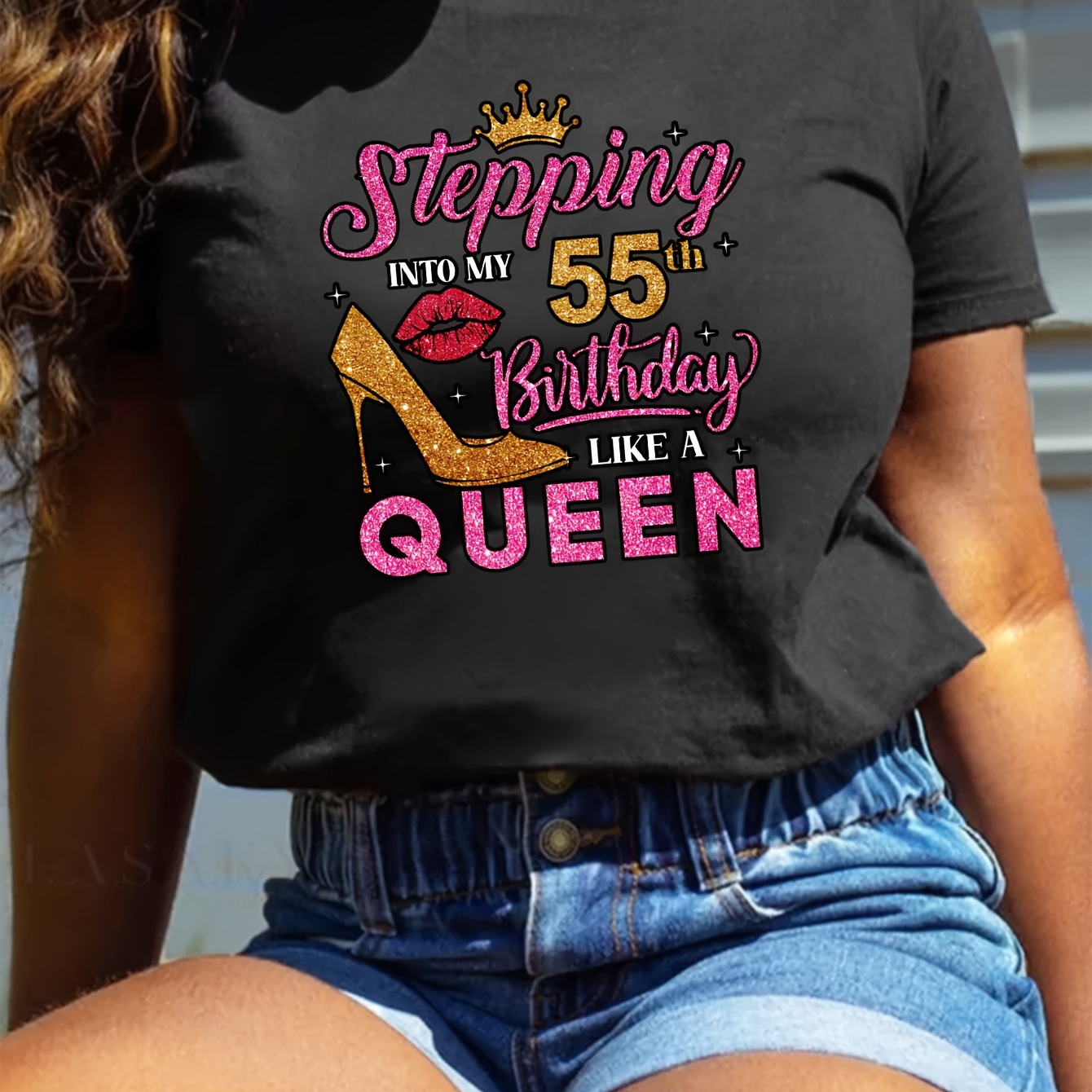 

Women's T-shirt "stepping Into My 55th Birthday Like A Queen" Glitter Print, Short Sleeve, Round Neck Top, Birthday Queen Shirt