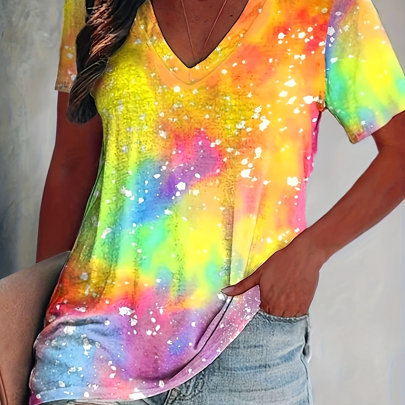 

Plus Size Colorful Print T-shirt, Casual Short Sleeve Top For Spring & Summer, Women's Plus Size Clothing