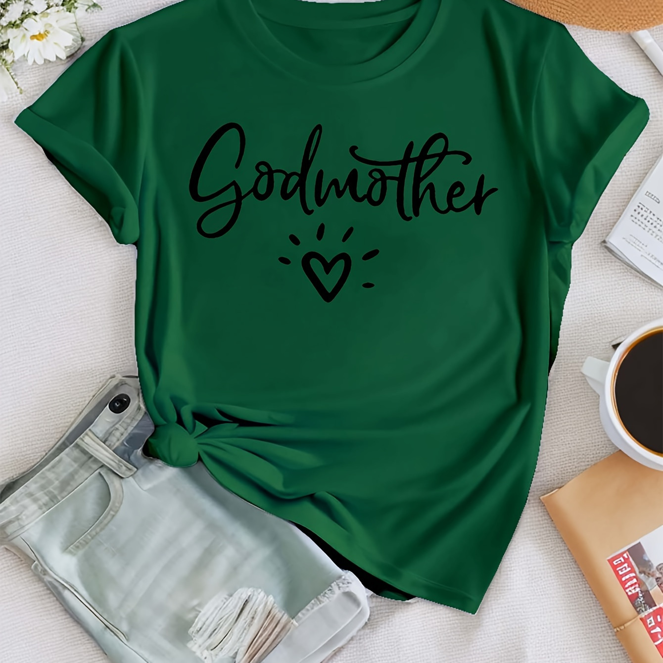 

Fashion Letters Godmother Print T-shirt, Short Sleeve Crew Neck Casual Top For Summer & Spring, Women's Clothing
