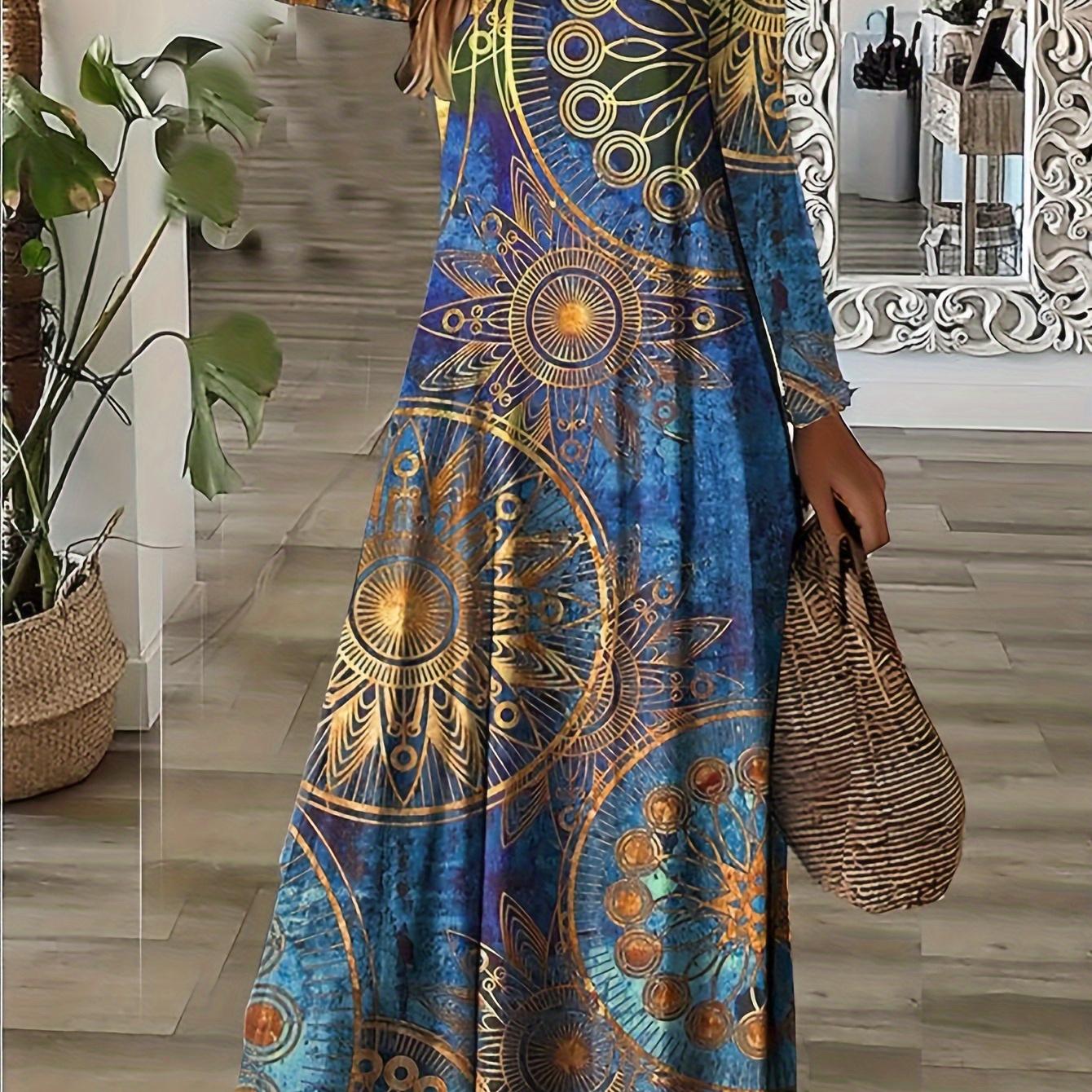 

-chic Vintage Floral Print Maxi Dress For Women - Elegant Long Sleeve, V-neck Party & Casual Wear, Fall/winter