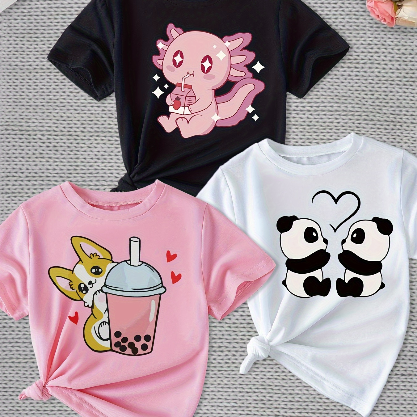 

3pcs Sweet Cartoon Animal & Letter & Heart Graphic T-shirt Set Comfy Short Sleeve Tees Summer Clothes Party Gift Easter Valentine's Day New Year