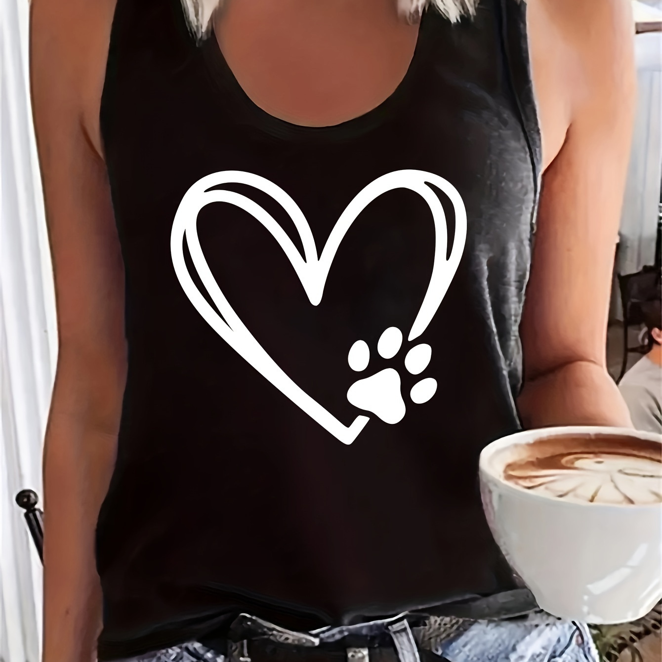 

Heart & Paw Print Tank Top, Sleeveless Casual Top For Summer & Spring, Women's Clothing