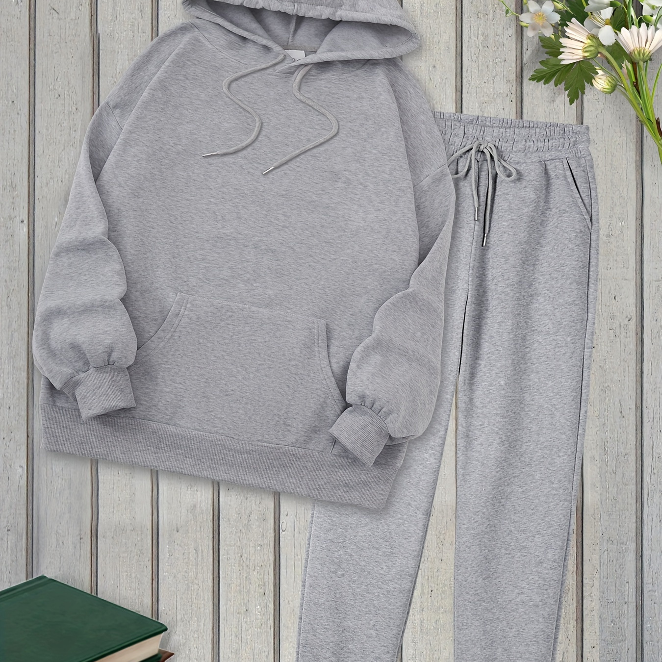 

Sweat à capuche kangourou avec cordon de serrage, pantalon de survêtement de couleur unie, ensemble de vêtements de sport décontractés pour femmes, adapté au fitness.