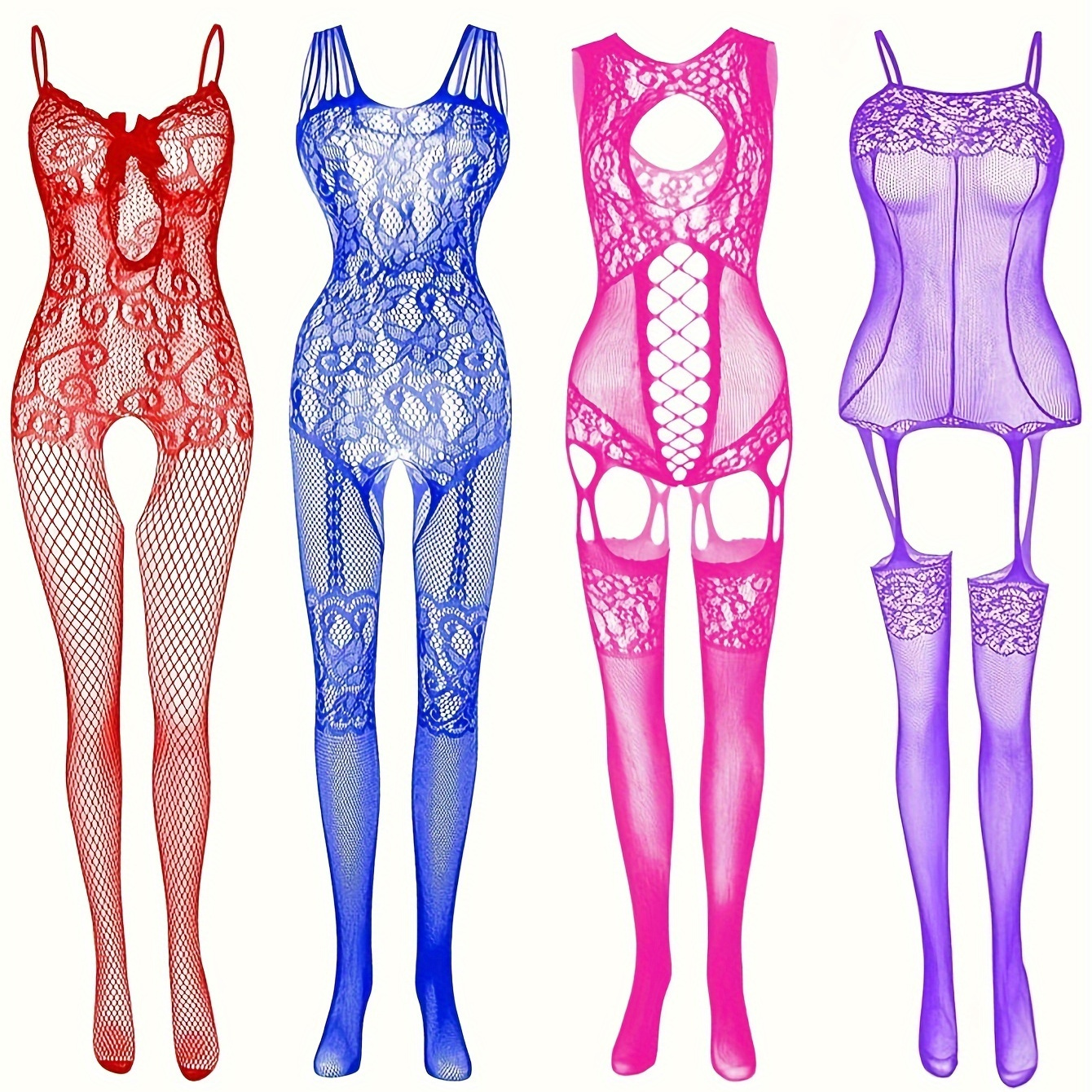 

4pcs Women's Plus Bodystockings, Plus Size Hot Lace Hollow Out Crotchless For Romantic Date Wearing