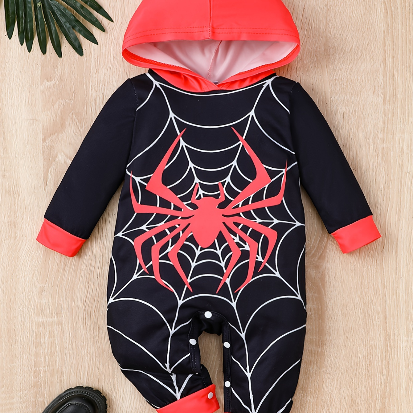 

Infant's Cartoon Spider Print Hooded Bodysuit, Color Clash Long Sleeve Onesie, Baby Boy's Clothing