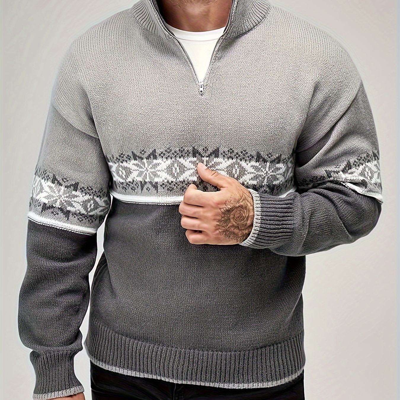 

Men's Color Blocking Splicing Ethnic Pattern Knit Sweater For Autumn And Winter - Stand Collar Trendy Drop Shoulder Knitted Pullover As Gift