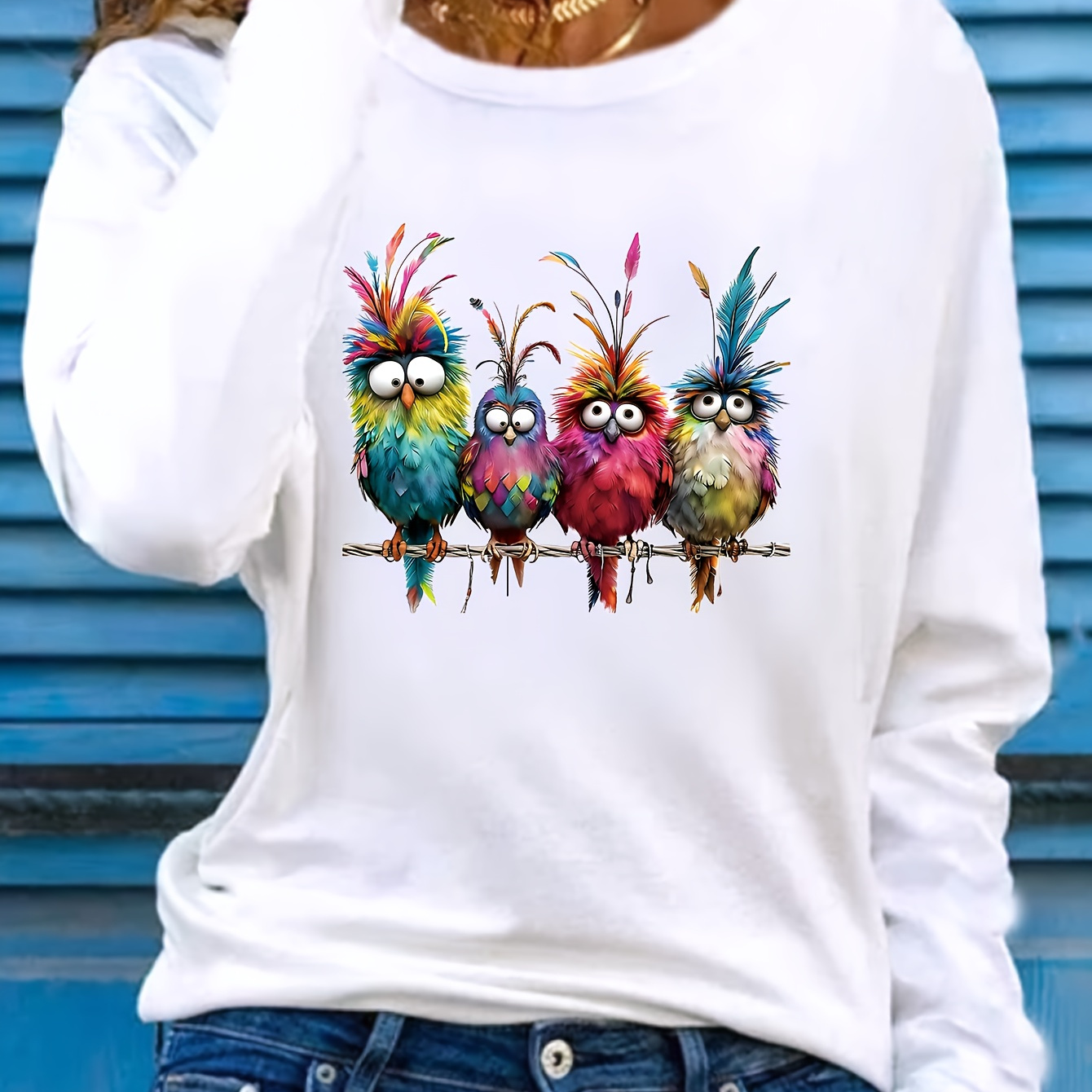 

Cozy Chic, Bird Print T-shirt, Long Sleeve Crew Neck Casual Top For Spring & Fall, Women's Clothing