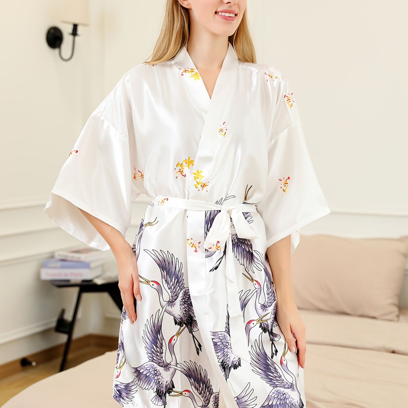 

Crane Print Night Robe, 3/4 Sleeve V Neck Robe With Belt, Women's Sleepwear