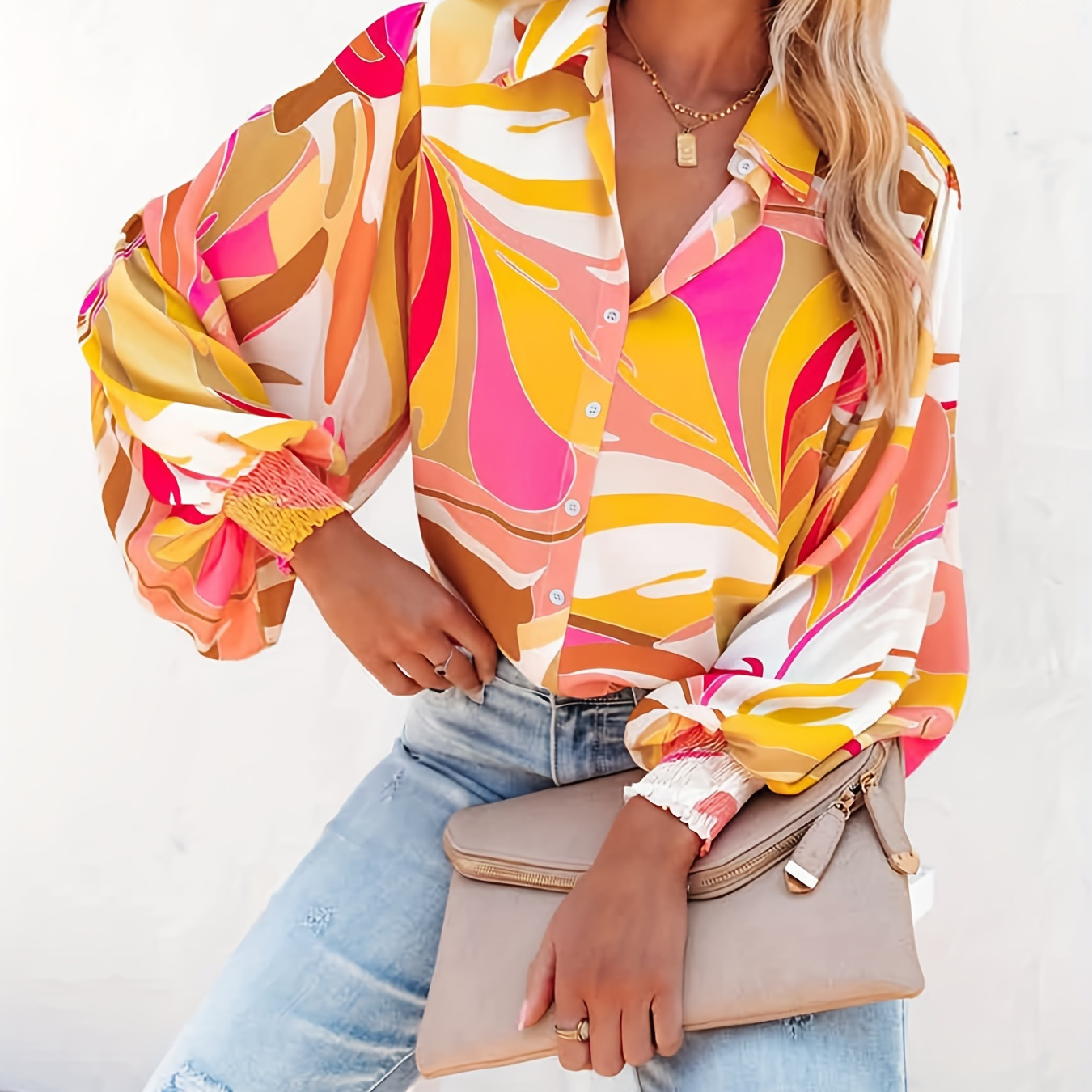 

Color Block Printed Blouse, Boho Lantern Sleeve Collar Blouse, Women's Clothing