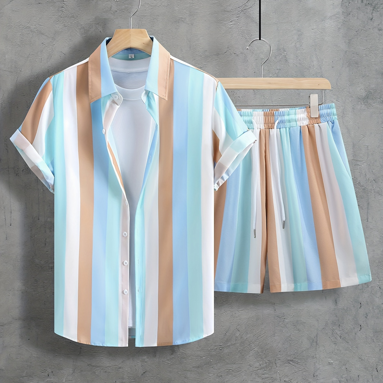 

2-piece Men's Color Block Ord Set, Men's Stylish Short Sleeve Lapel Shirt & Drawstring Shorts With Pockets