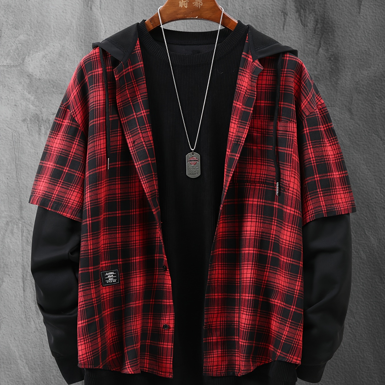 TEMU 's Korean-style Versatile Fake Two-piece Spliced Shirt With Pockets, Hooded Top, Button-up Cardigan With Long Sleeves For Spring And Autumn.