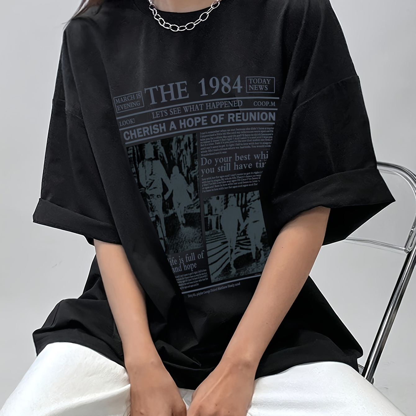 

Chic Letter Print Oversized T-shirt For Women - Casual Crew Neck, Short Sleeve, Stretchy Polyester , Machine Washable