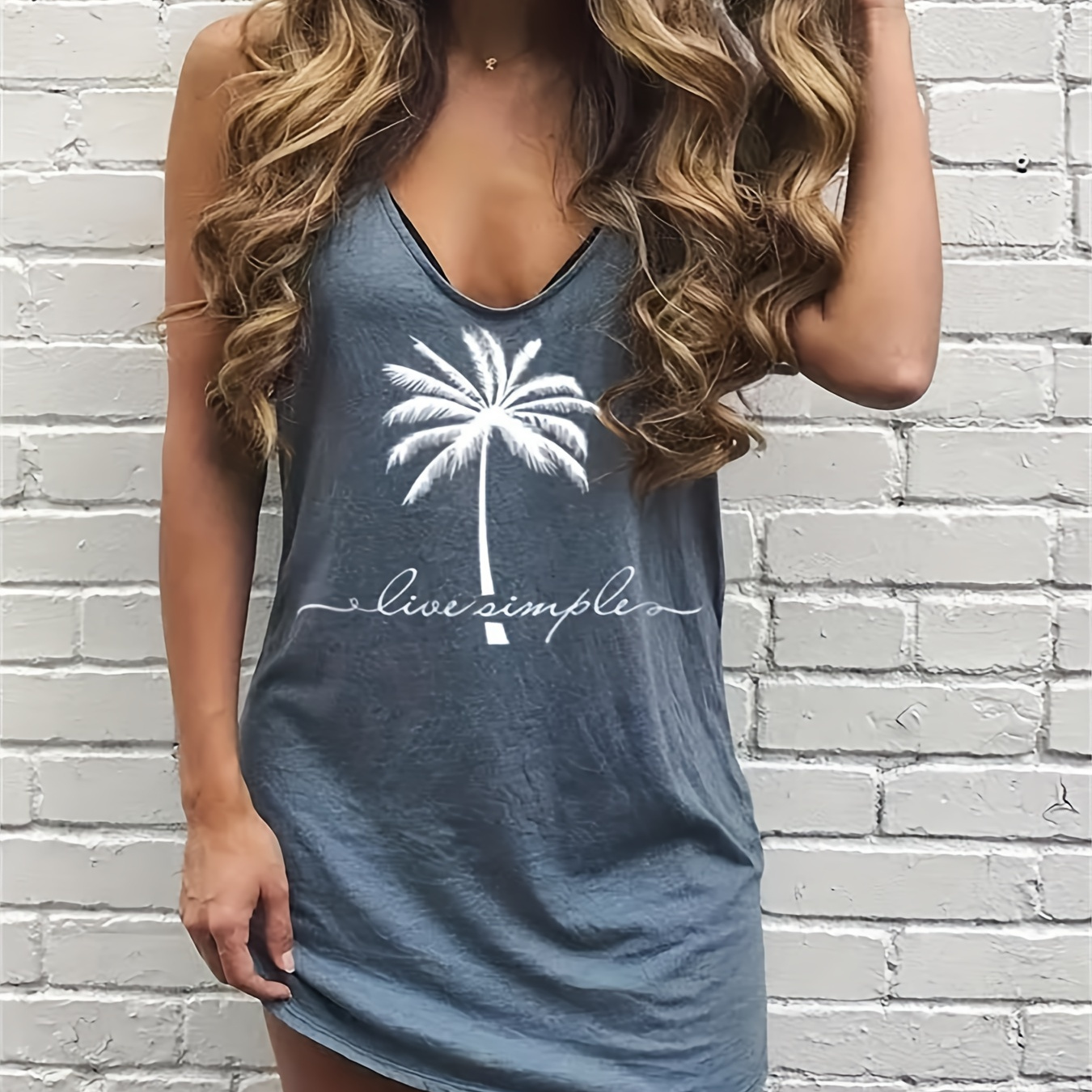 

Coconut Tree Print Dress, Casual Plunging Sleeveless Summer Cami Dress, Women's Clothing