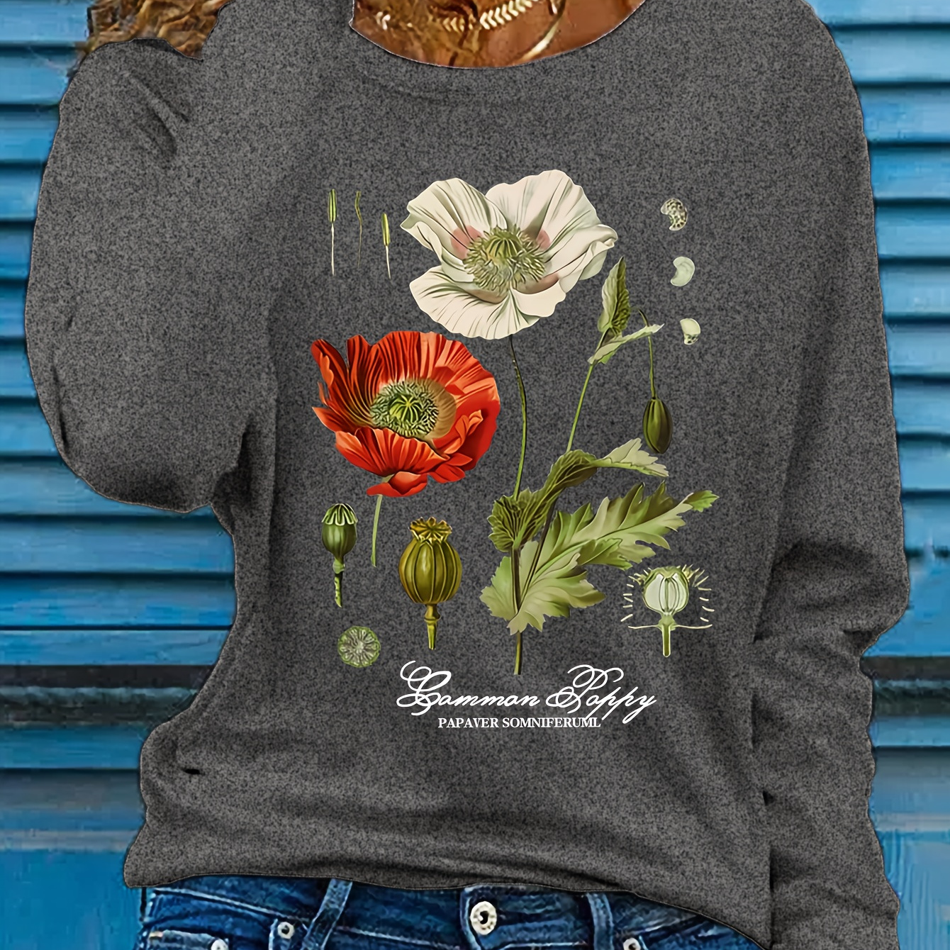 

Women's Casual Crew Neck Long Sleeve Sweatshirt With Floral Poppy Applique - 100% Polyester Knit Fabric, Regular Length, Fall