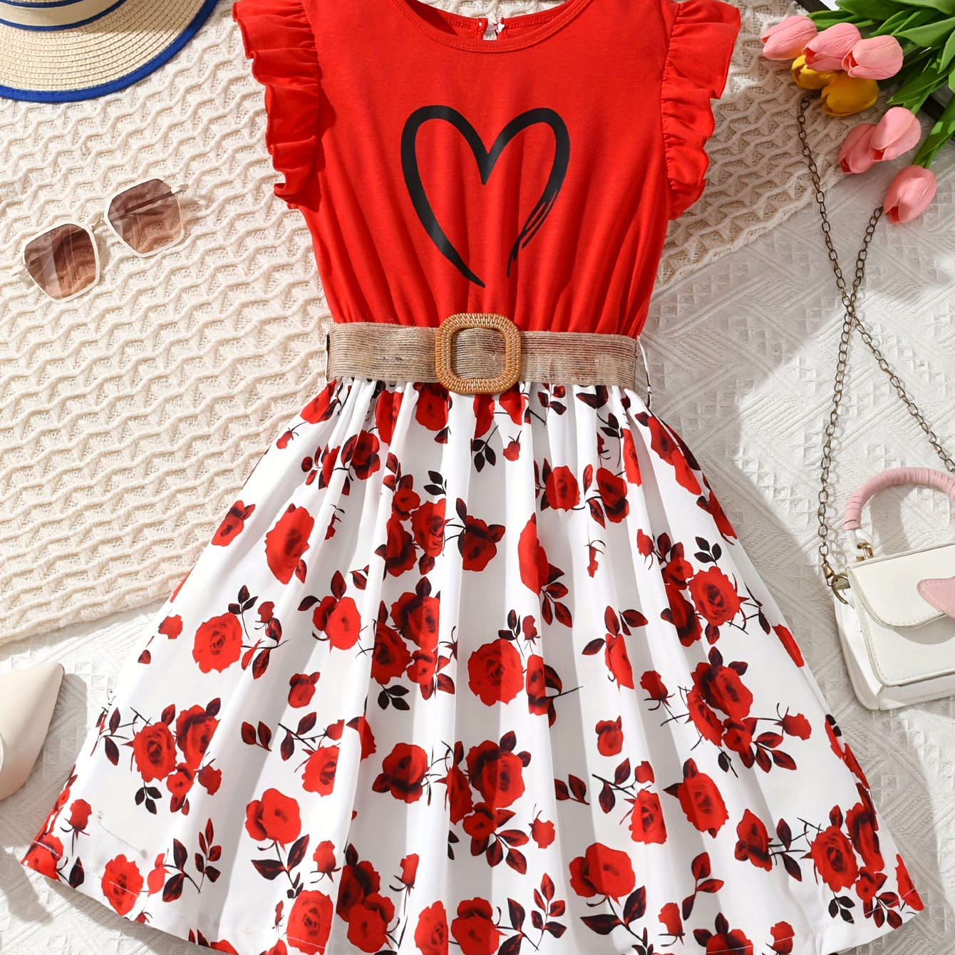 

Girl Romantic Floral & Heart Print Fly Sleeve Round Neck Princess Summer Dress