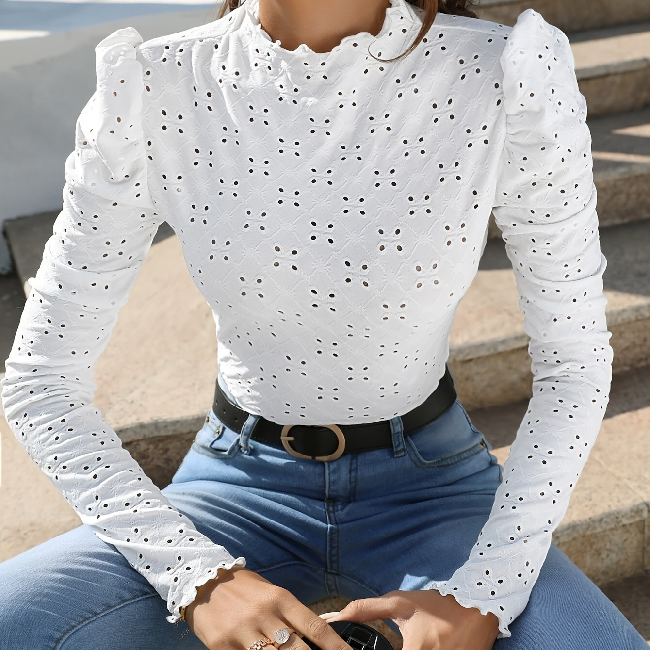 

Lettuce Trim Puff Long Sleeve T-shirt, Elegant Solid Color Eyelet Mock Neck Top For Spring & Fall, Women's Clothing