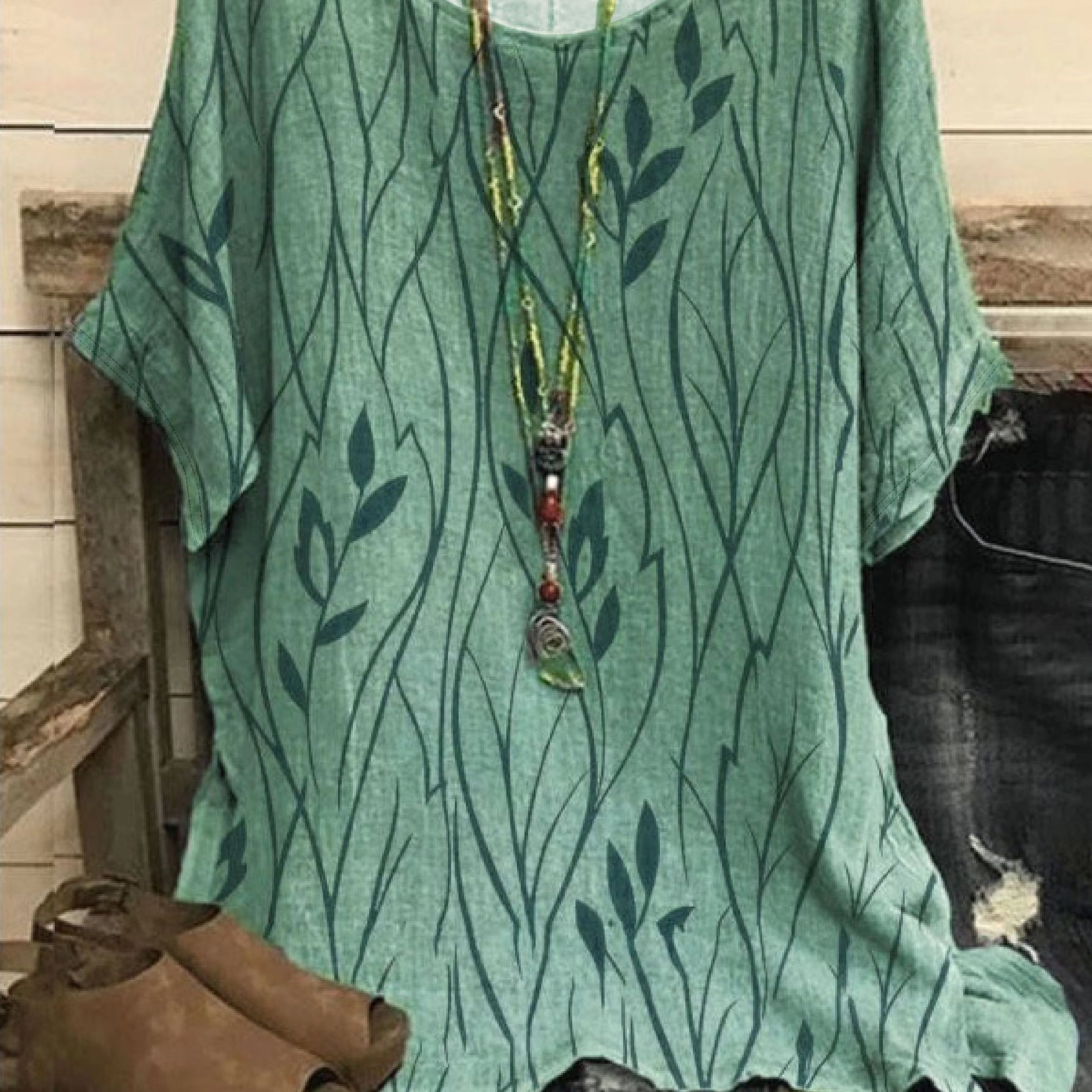 

Women T-shirt Casual Loose Leaves Print Blouse Vintage Blouse Top Shirts