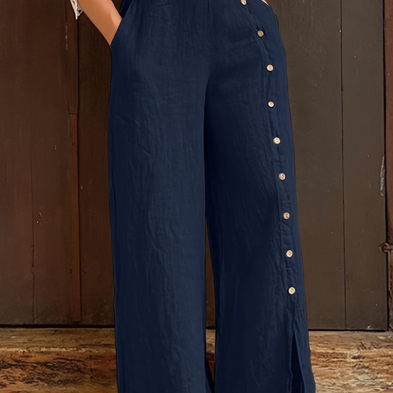 

Pantalon large à jambes larges et bouton de couleur unie, pantalon décontracté à taille haute et ourlet fendu polyvalent pour le printemps et l'été, vêtements pour femmes.