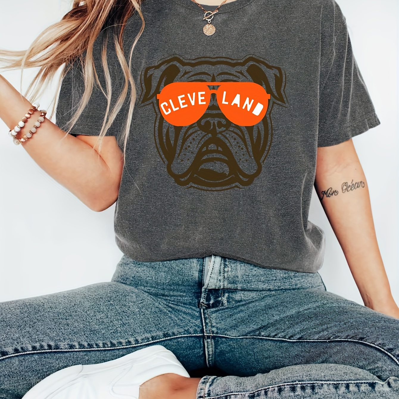 

Women's Cartoon Dog Graphic T-shirt, Polyester 95% Elastane 5 Neck Casual Top, Short Sleeve Knit Fabric Summer Tee, Regular Length