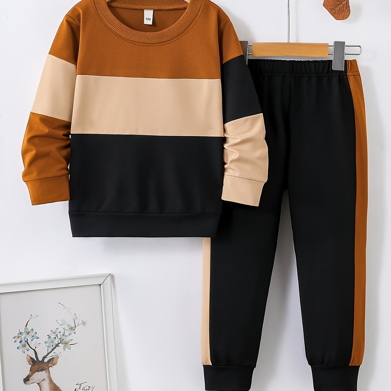 

Boy's 2-piece Casual Co Ord Set, Stylish Color Block Long Sleeve Sweatshirt And Jogger Pants, Comfy Spring Fall Clothes