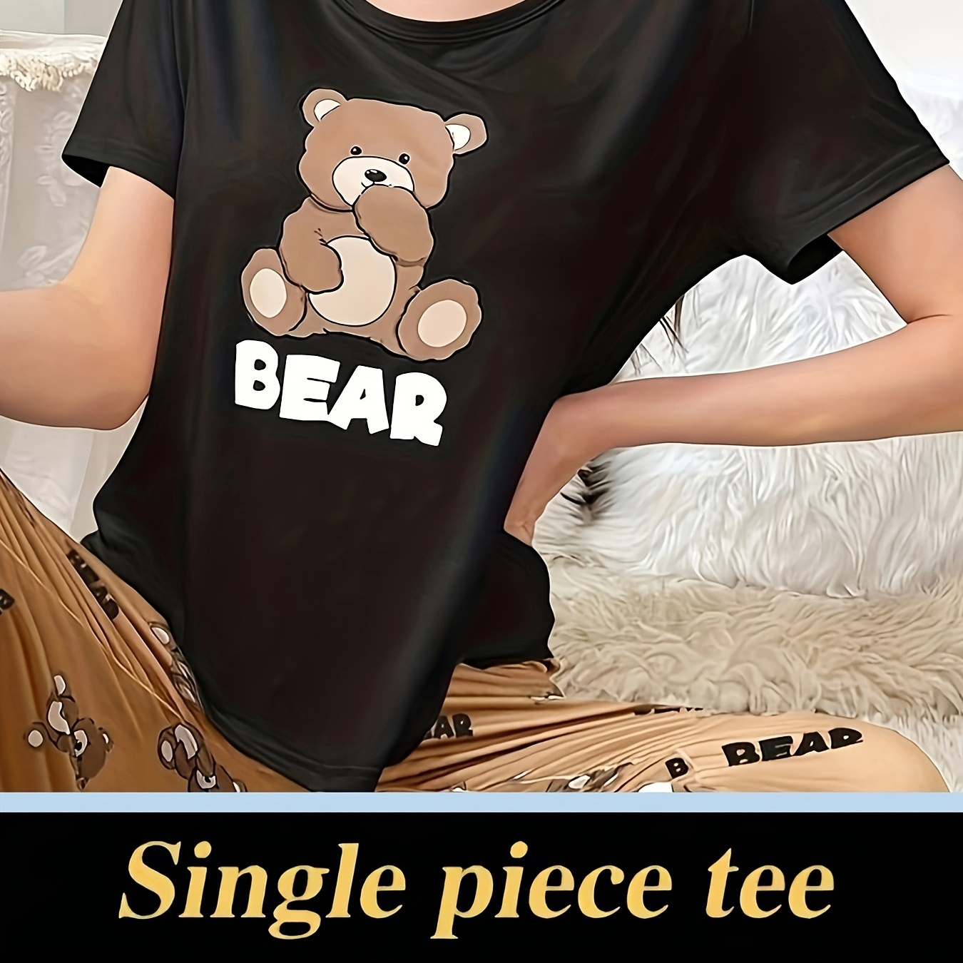 

Cute Bear & Letter Print Pajama Tops, Short Sleeve Round Neck Stretchy T-shirt, Women's Sleepwear