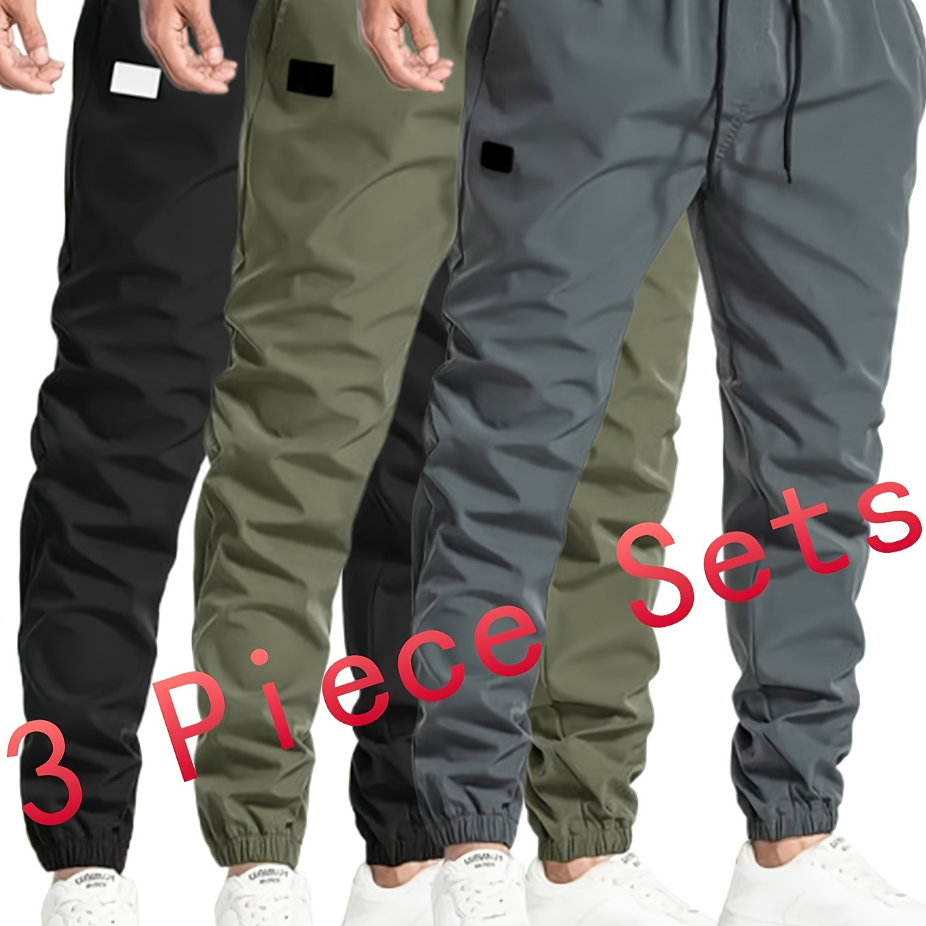 

3pcs Men's Casual Polyester Trousers, Solid Color, , Loose Fit, Non-stretch Woven Fabric, With Multi-pocket, Drawstring Waist For Outdoor, Mountain Climbing, And Fitness Pants