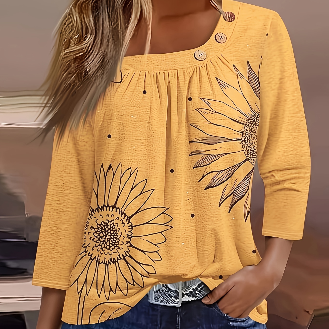 

[comfortable Apparel] Mustard Yellow Sunflower T-shirt For Women - Cozy Polyester, Round Neck With Decorative Buttons, Long Sleeves, Fall/winter