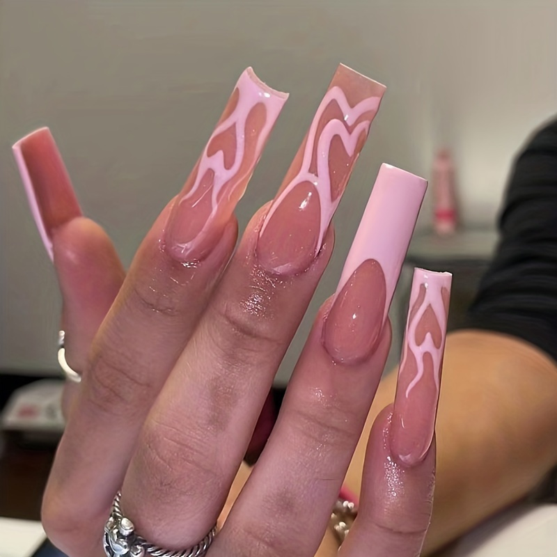 Y2k Sweet Cool Press On Nails, Long Coffin Fake Nails With Heart And French  White Edge Design, Glossy Full Cover False Nails For Women And Girls - Temu  France