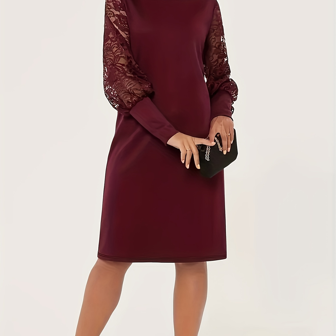 

Elegant Polyester Midi Tunic Dress For Women - Crew Neck Solid Color Knit Fabric With Contrast Lace Sleeves - Fashionable Long Sleeve Dress For Spring/summer/fall