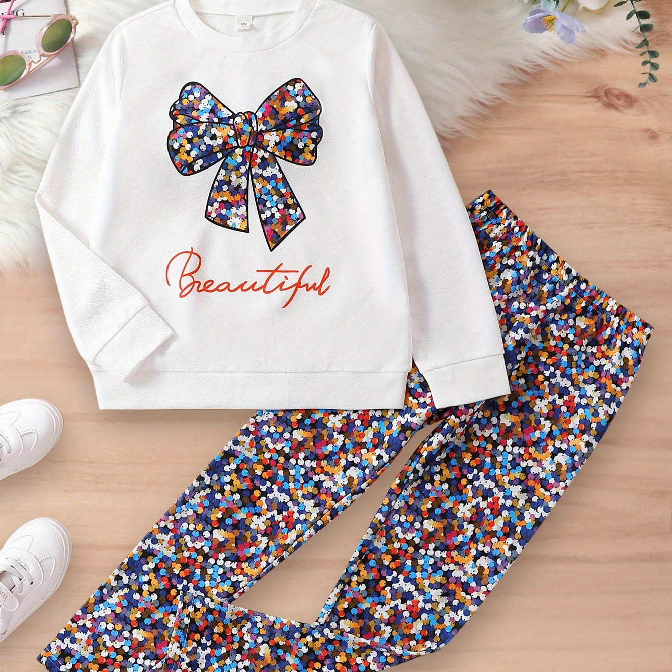 

2pcs Set 's Bow Long-sleeve Sweatshirt Top + Pants, & & Fall Clothes,