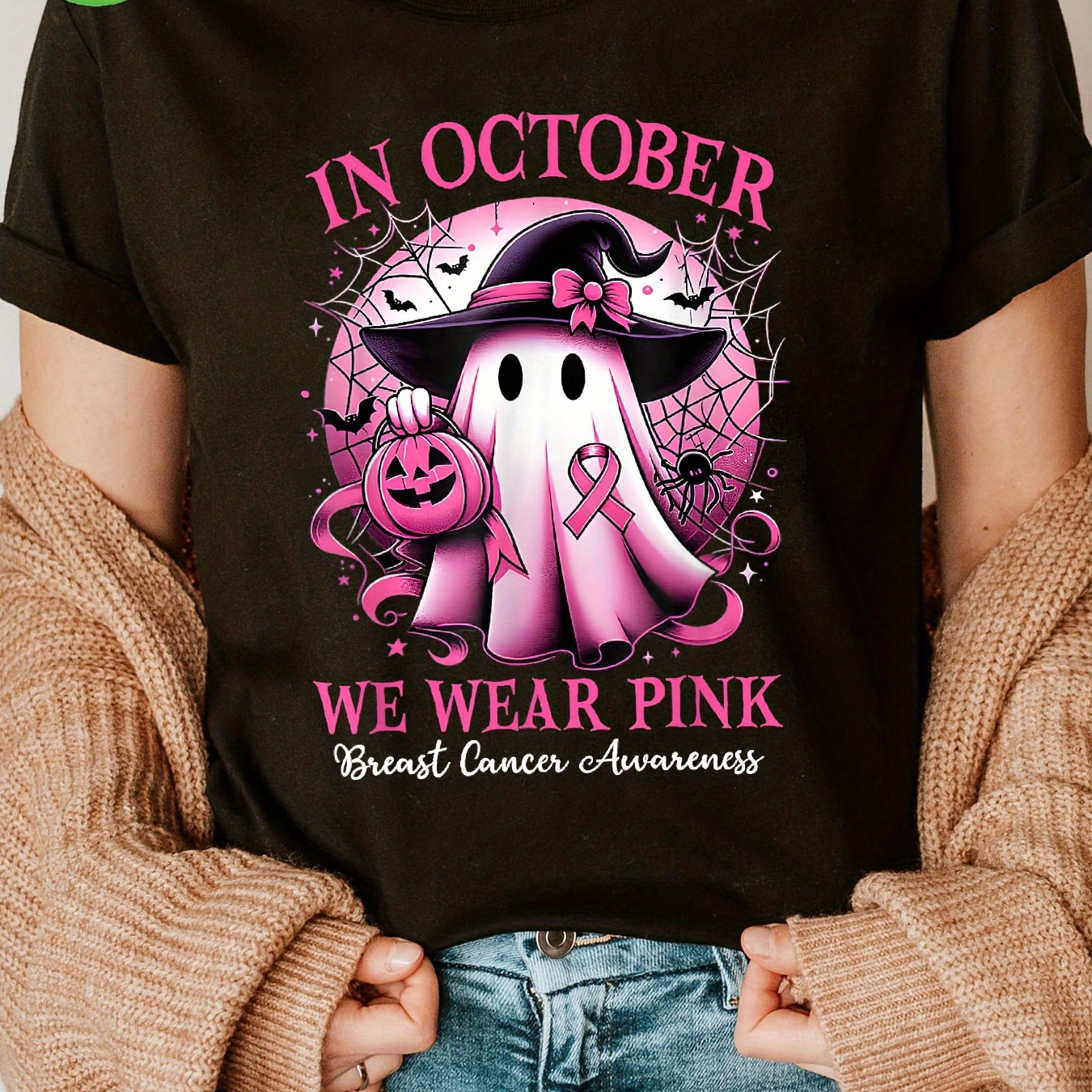 

Women's Breast Cancer Awareness T-shirt - 100% Cotton With & Pumpkin Graphic, Casual Crew Neck Short Sleeve Tee With Print, Knit Stretch Fabric, Regular Length - All Season Wear