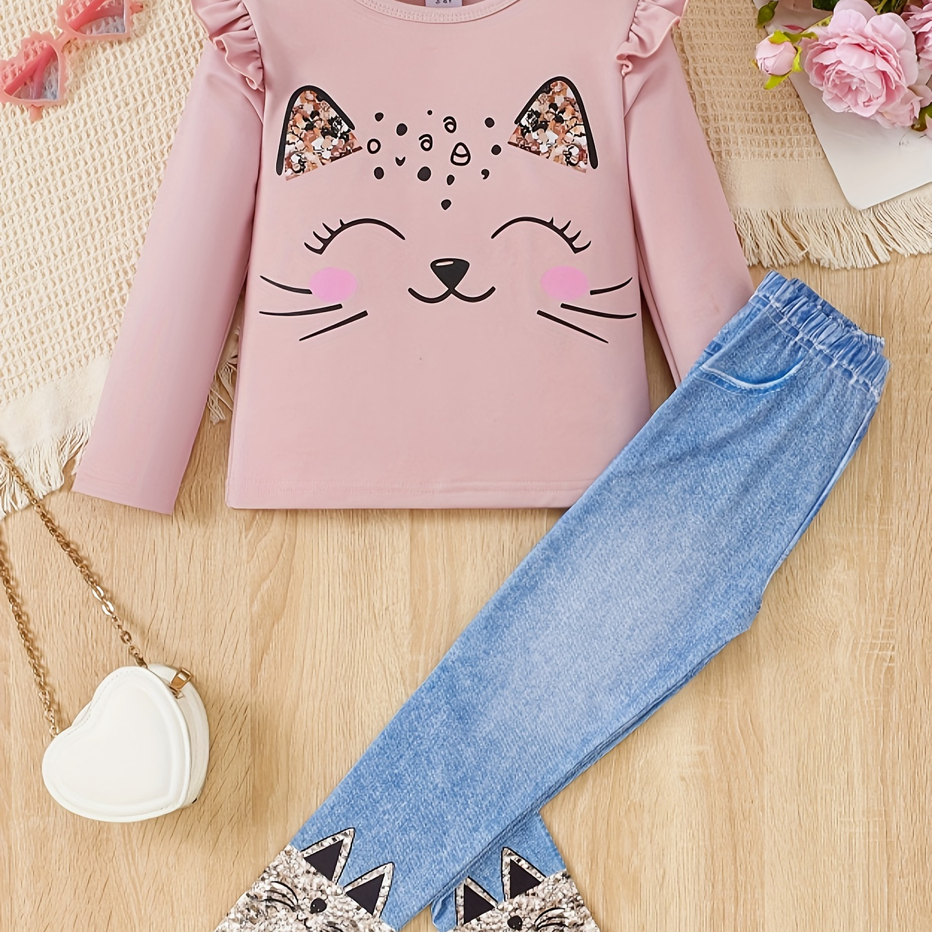 

1 Set ' Cat Long Sleeve Top And - Printed Pants, Polyester For / - 2- Set, For