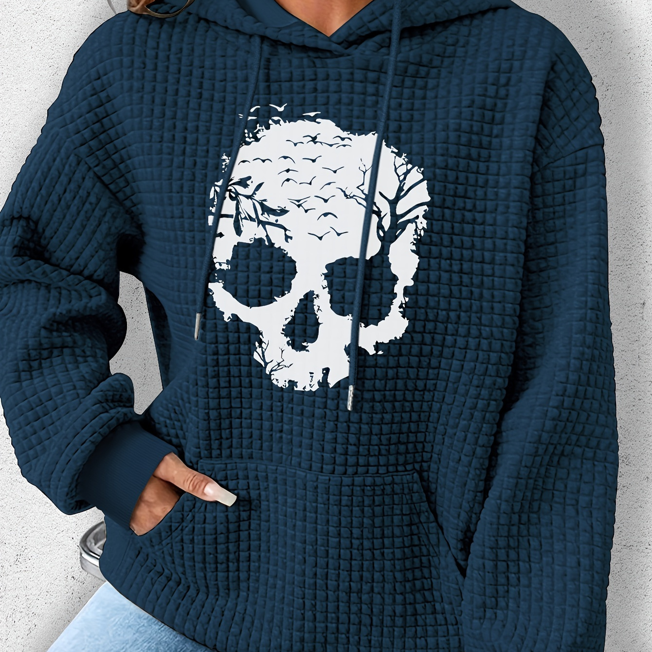 

Women's Casual Waffle-knit Hoodie With Halloween Skull Print - Cozy Polyester & Spandex , Machine Washable, Fall/winter