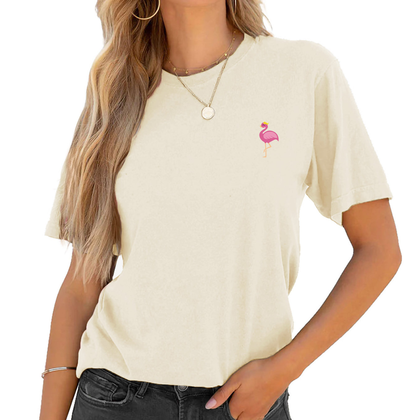 

Women's Casual Cotton Crew Neck T-shirt With Flamingo Print - 100% Cotton Knit Fabric, Regular Length, All-season Short Sleeve Tee