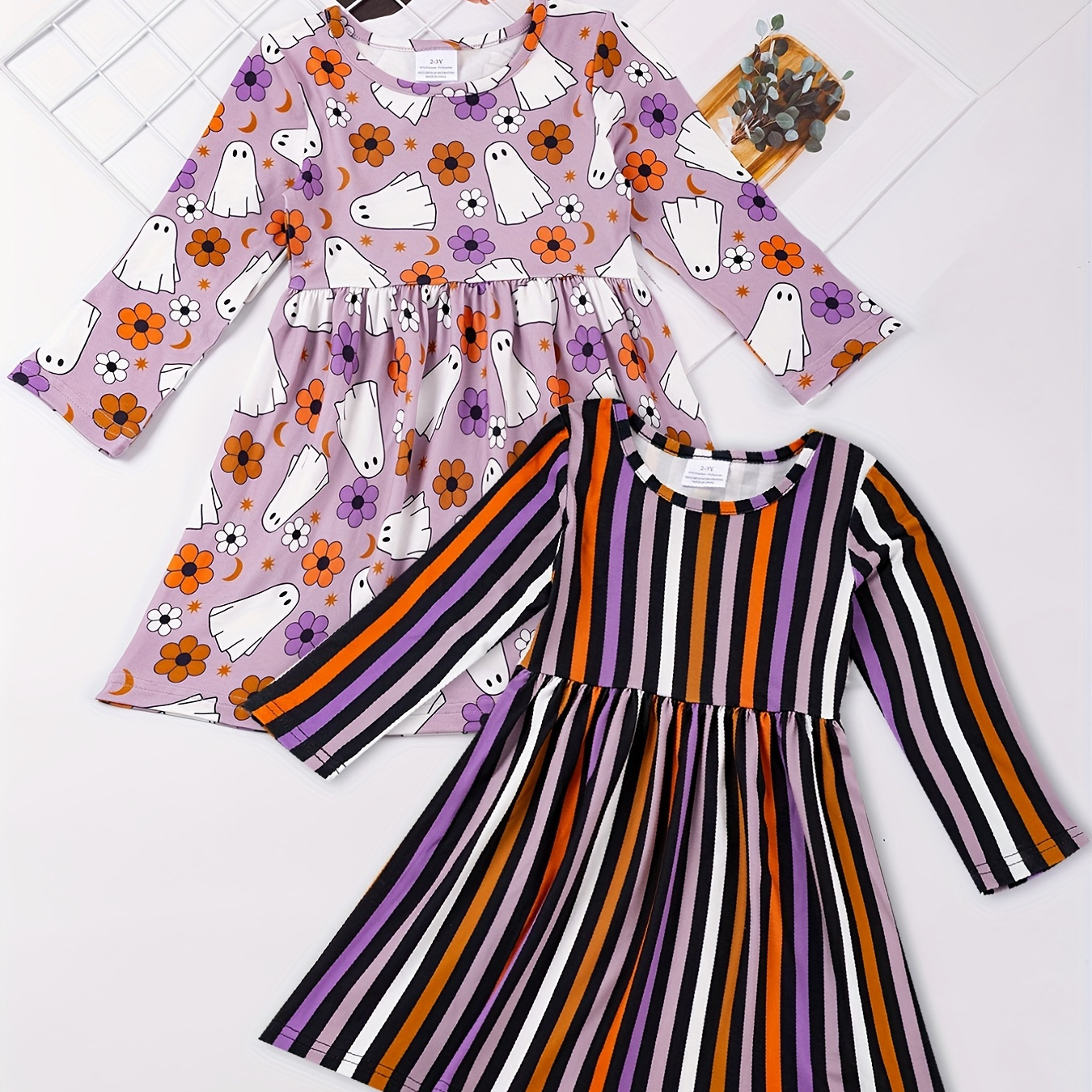 

Halloween Surprise For Toddler Kid Girls, Comfort Fit Crewneck Long Sleeve Dress For Fall, With Flowers, Ghosts, Moons And Stars Random Prints