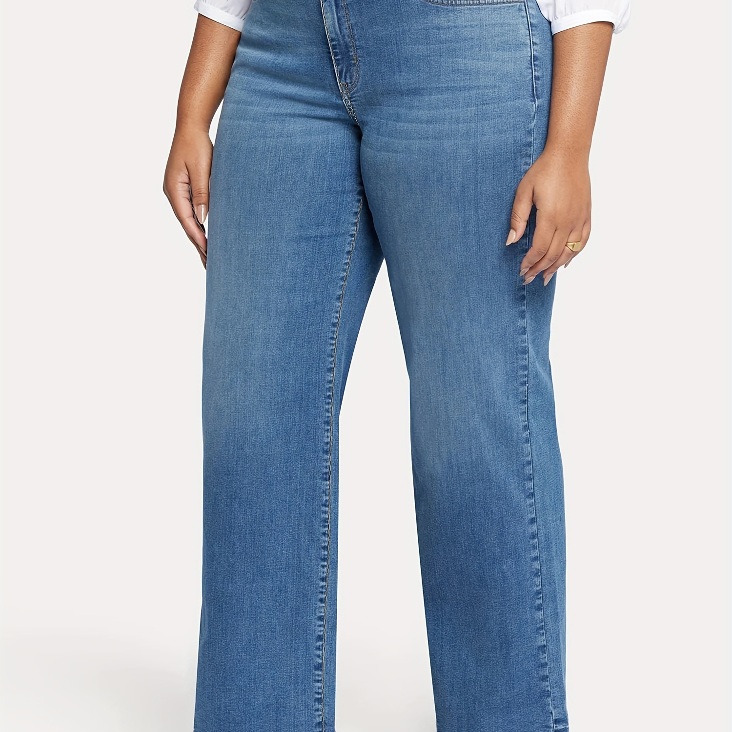 

Plus Size High-waist Wide Leg Denim Jeans, Full-length, High Stretch Casual Pants For Women