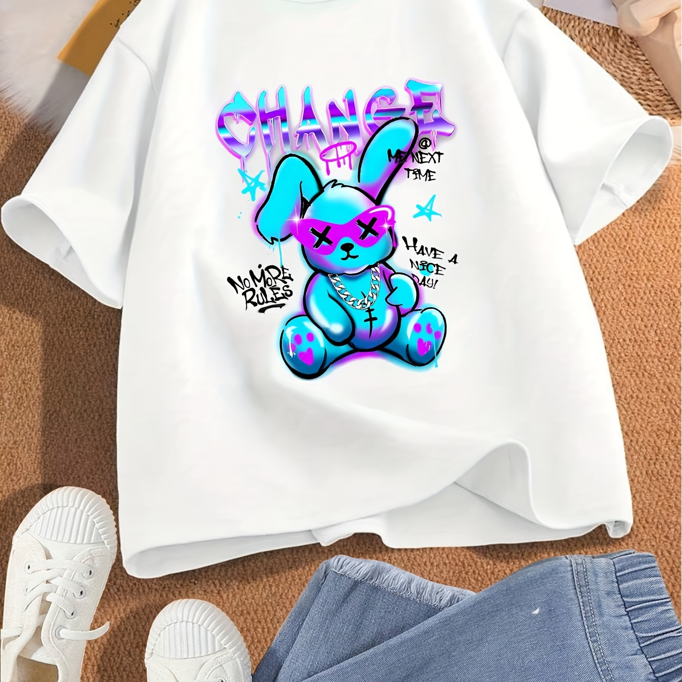 

Chic Cool Bunny Graphic Girls' T-shirt - Comfy & Polyester, Crew Neck, Short Sleeve Casual Summer Top For