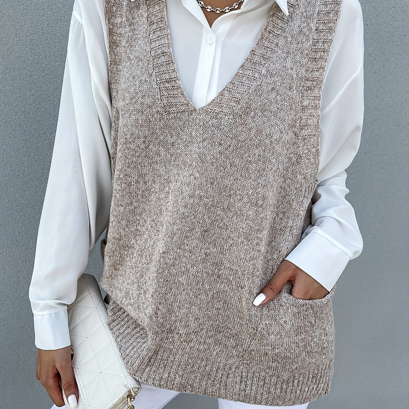 

Elegant V-neck Knit Sweater Vest For Women - Solid Color, Semi-sheer, Machine Washable - Fall/winter, Plus Size Sweaters